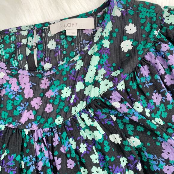 Loft Ann Taylor Floral Shirred Yoke Top Black Green size Small office work - Picture 7 of 16